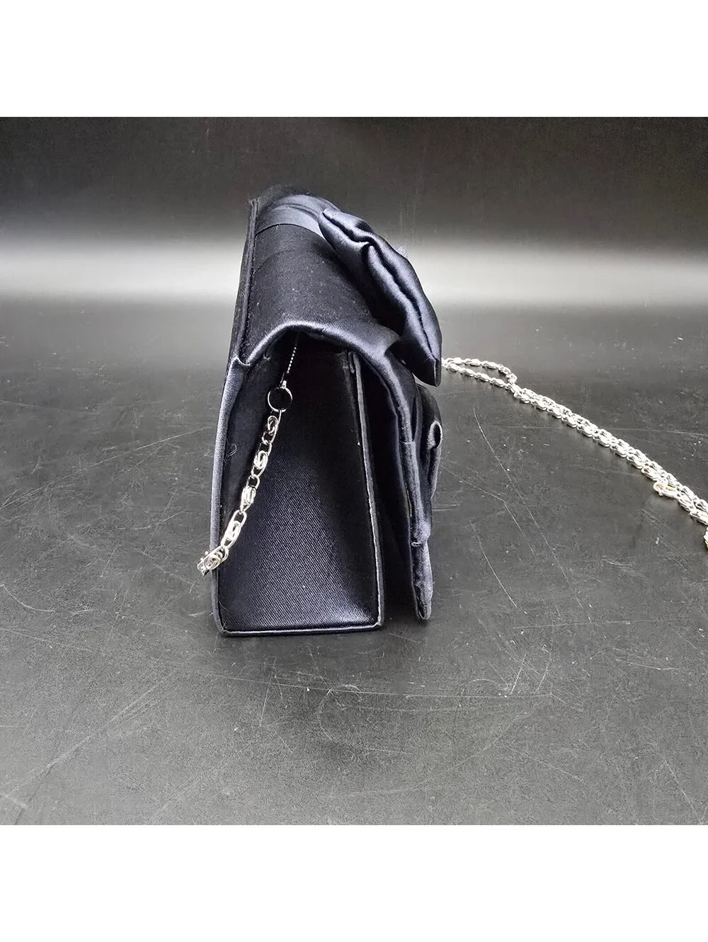 Vintage Style Navy Blue Satin Evening Clutch Bag | Classy Pleated Bow Purse